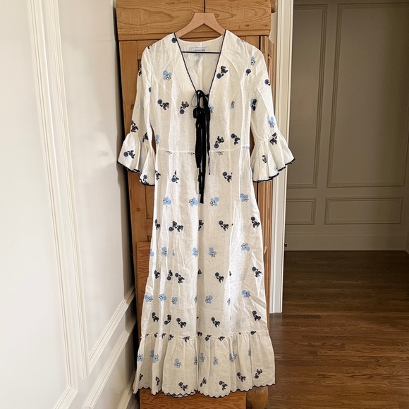 White Floral Tie-Front Maxi Dress with Ruffle Sleeves